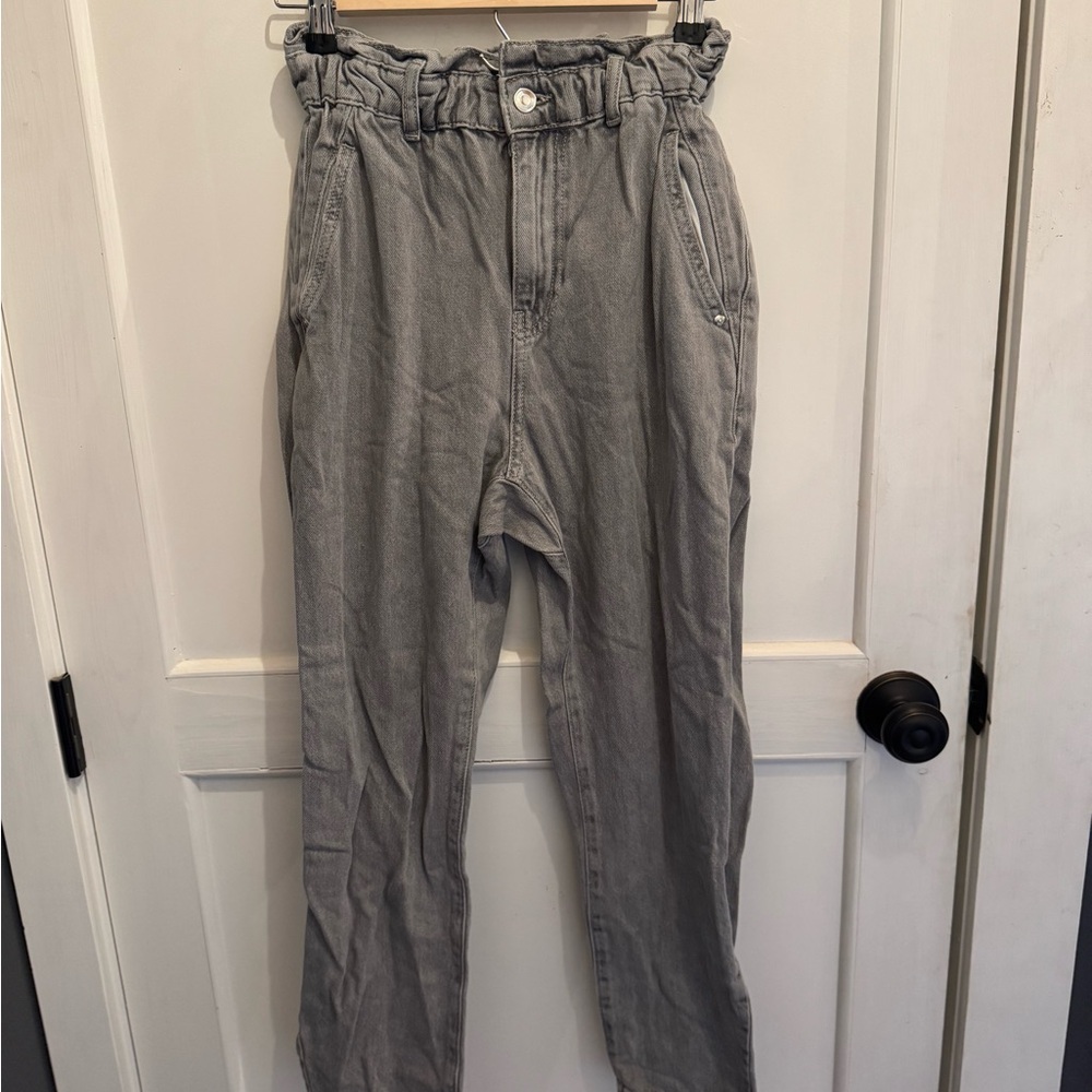 Zara High Rise Paper Bag Light Gray Denim Pants